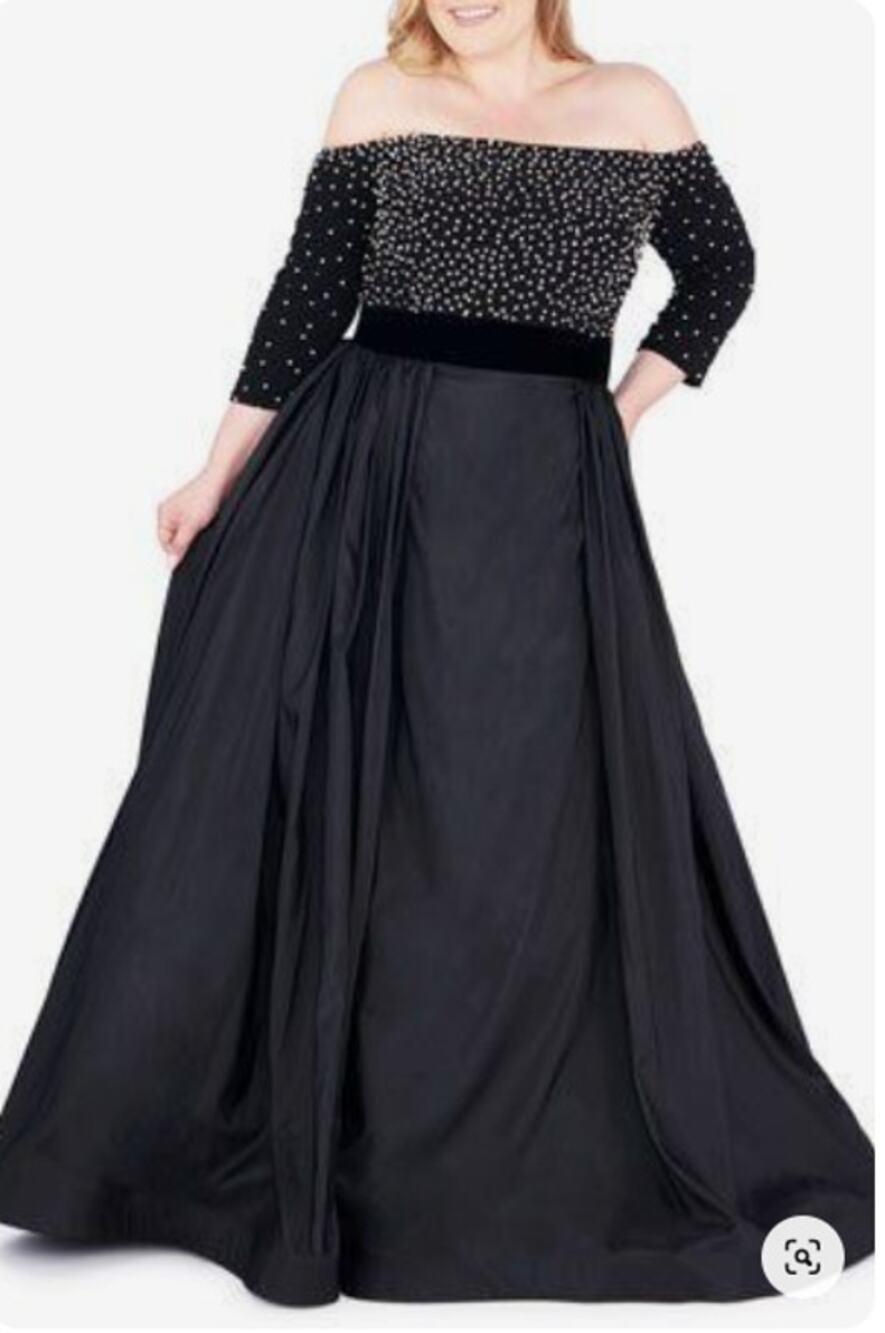 Mac Duggal 66814F Black Formal Gown Size 14W Pearl Detail NEW velvet waist pouf